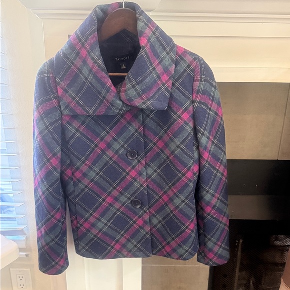 Talbots Navy Plaid Pea Coat with Pink and Light Green Accents - Picture 5 of 5